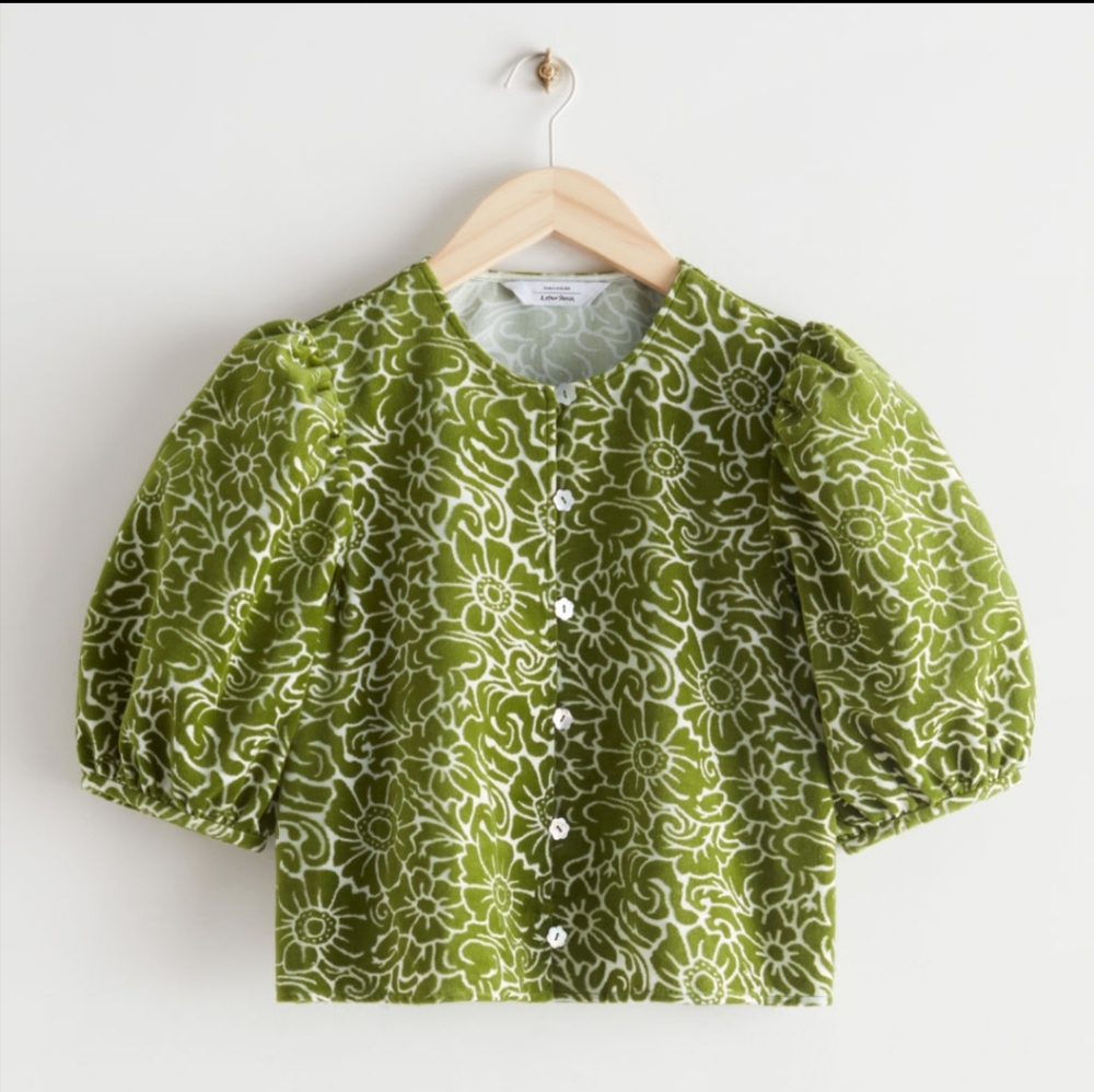 &Other stories Shell Button Green Velvet Floral Puff Sleeve Blouse NWT
